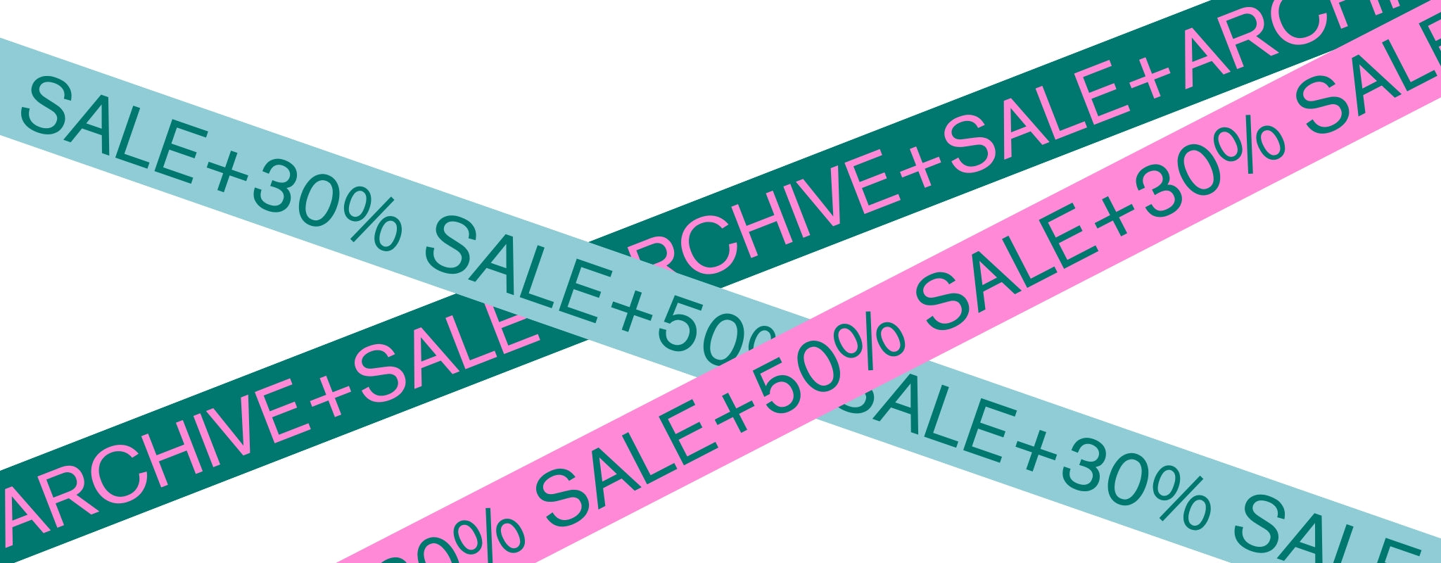 Salgs-banner med hvit bakgrunn og 3 fargerike bånd med salgstekst: Sale +30%, Sale +50%, Archive Sale som krysser hverandre.