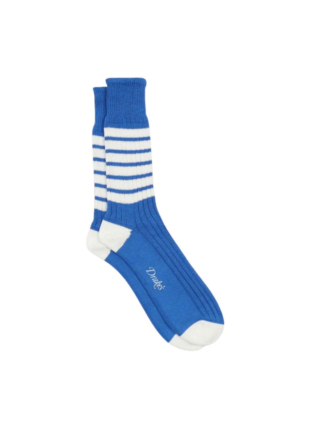 Drake's Accessories M / Blue White Sokker | Striped Sport Sock Ecru Blue White