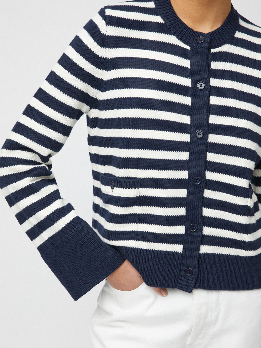 Fall Winter Spring Summer Knit Cardigan | Structured Cotton Cardigan Navy Cream Stripe