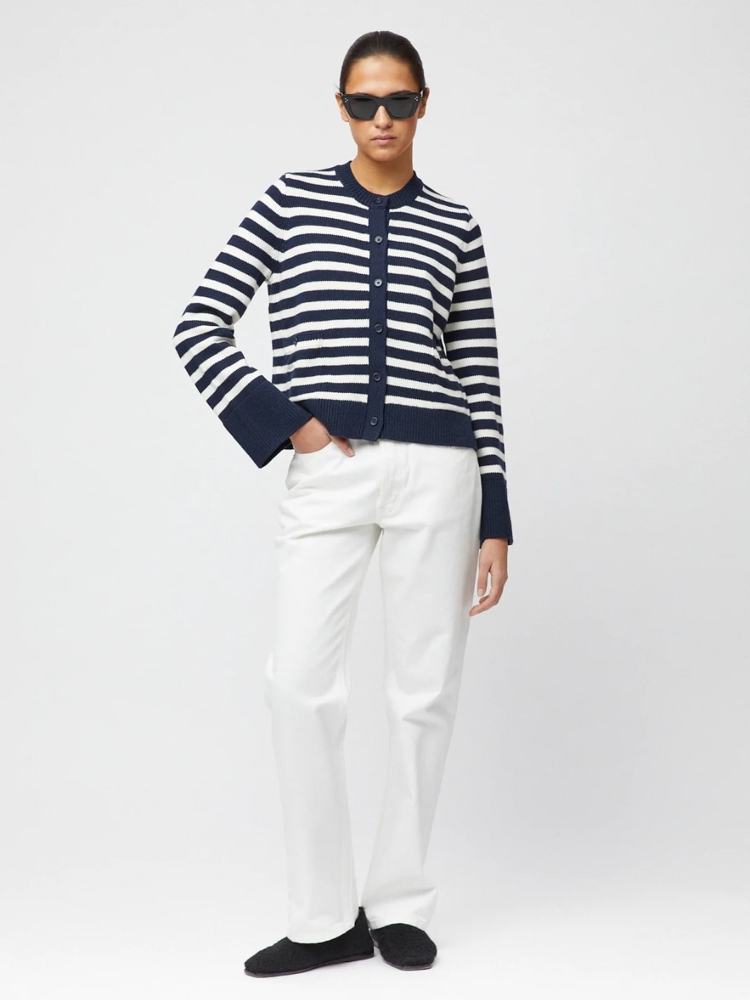 Fall Winter Spring Summer Knit Cardigan | Structured Cotton Cardigan Navy Cream Stripe
