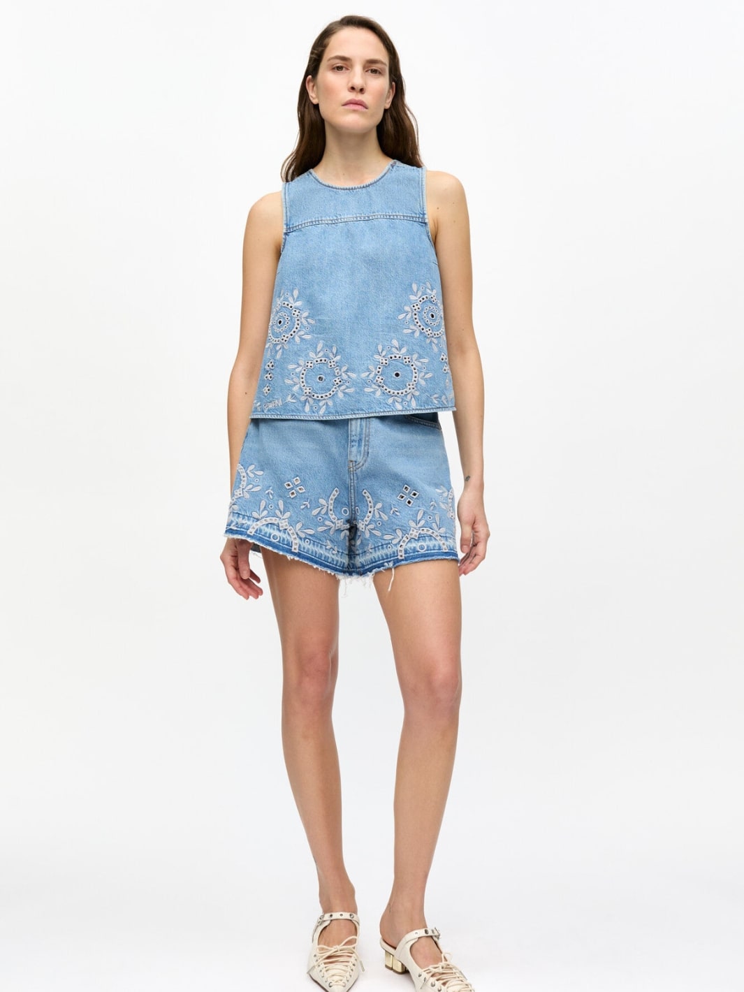 Ganni Blouses Top | Broderie Anglaise Denim Top
