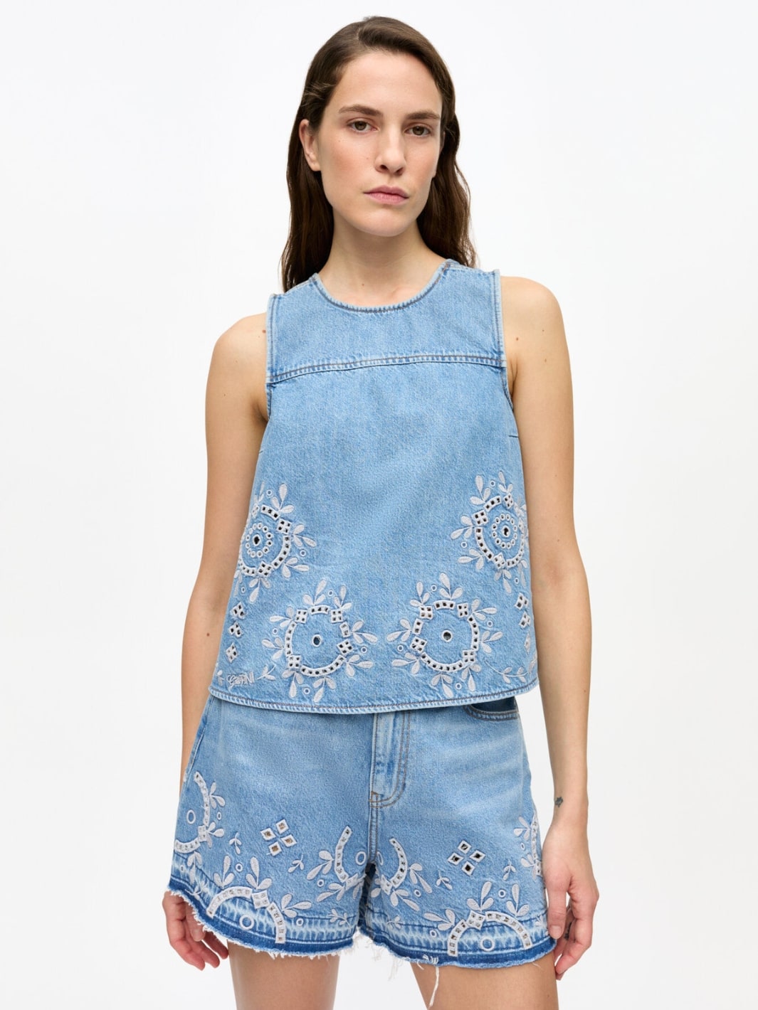 Ganni Blouses Top | Broderie Anglaise Denim Top