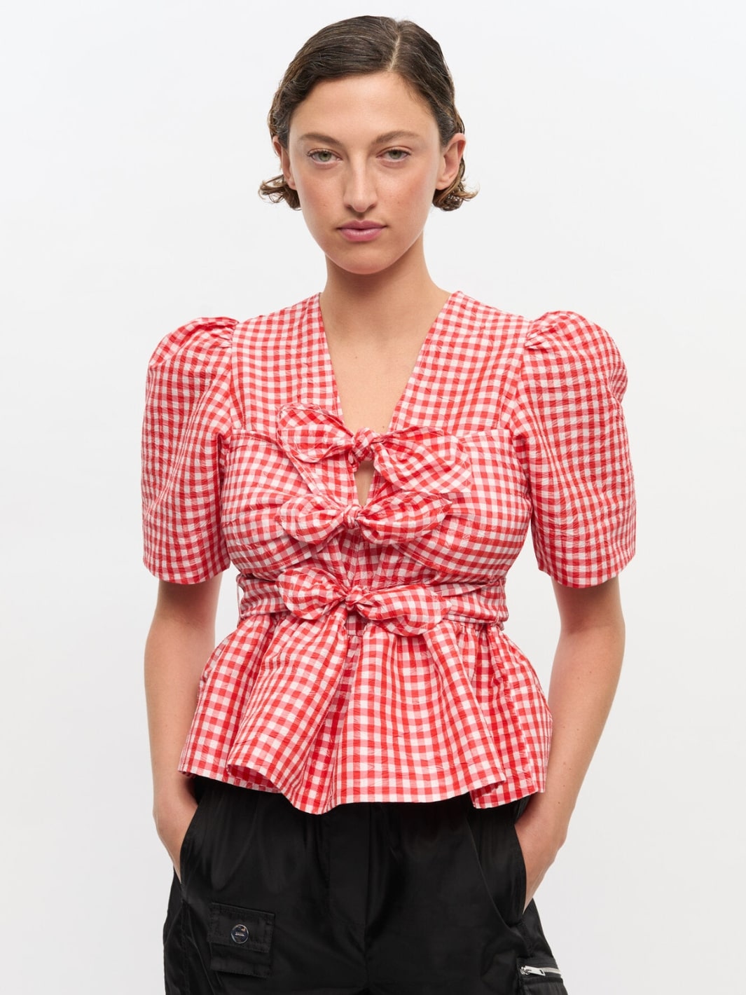 Ganni Blouses Top | Crinkled Check Taffeta Blouse