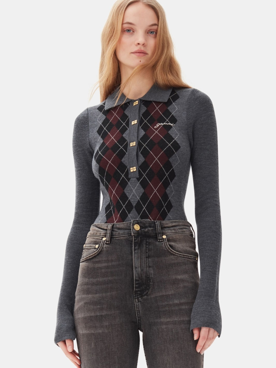 Ganni Sweaters Genser | Merino Jacquard Polo Shirt